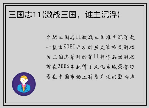 三国志11(激战三国，谁主沉浮)